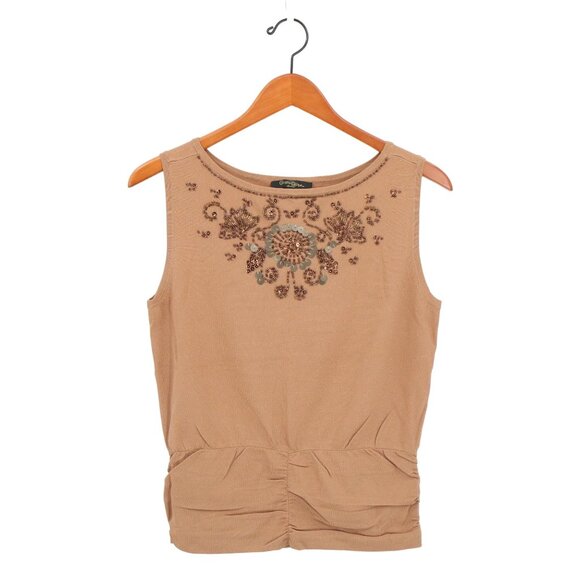 Christine Phillipe Tops - New Christine Phillipe L'image Beaded Brown Knit Ruched Waist Tank Top M